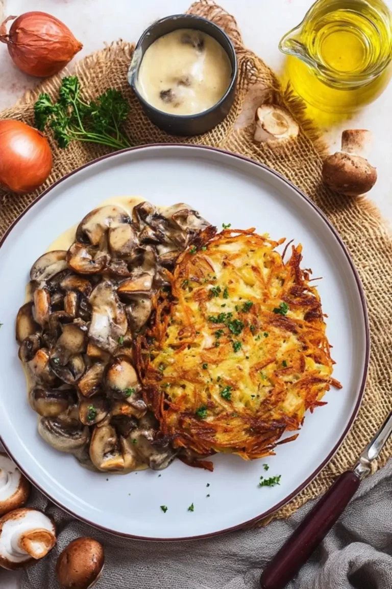 Mozzarella Rösti mit Zwiebel-Pilzrahmsoße