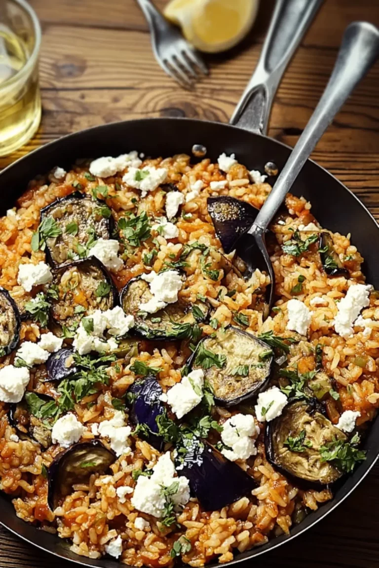 Auberginen Reispfanne mit Feta