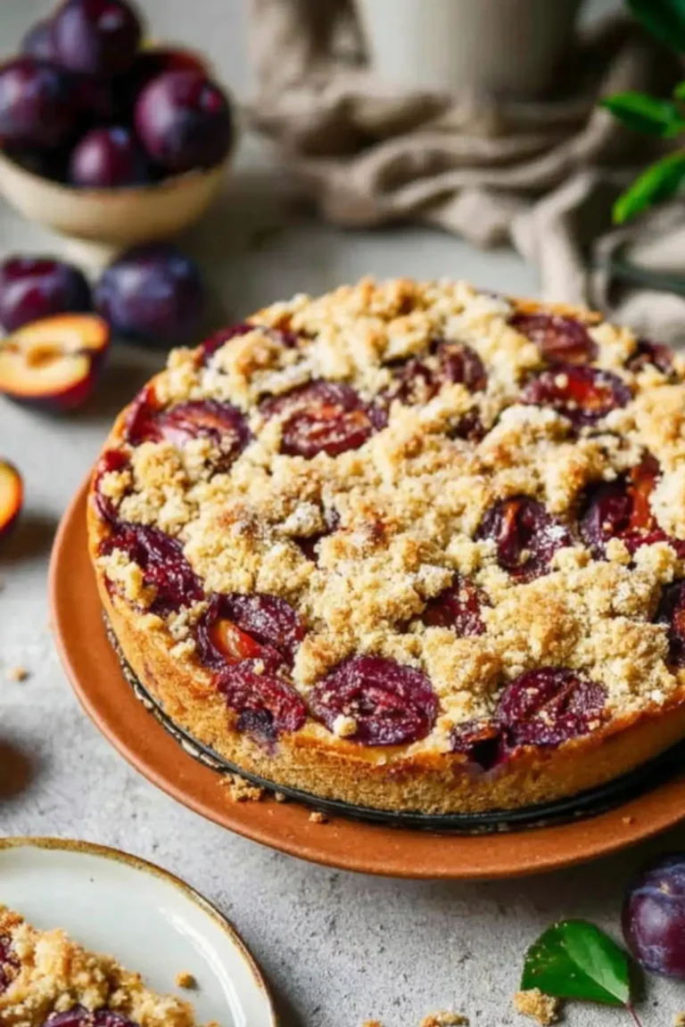 Zwetschgenkuchen mit Pudding und Streusel