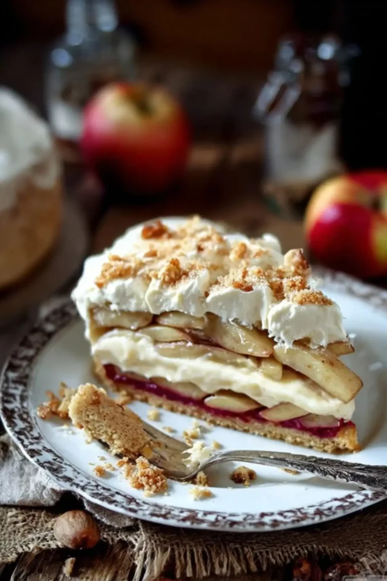Apfel-Amarettini-Kuchen und Puddingsahne