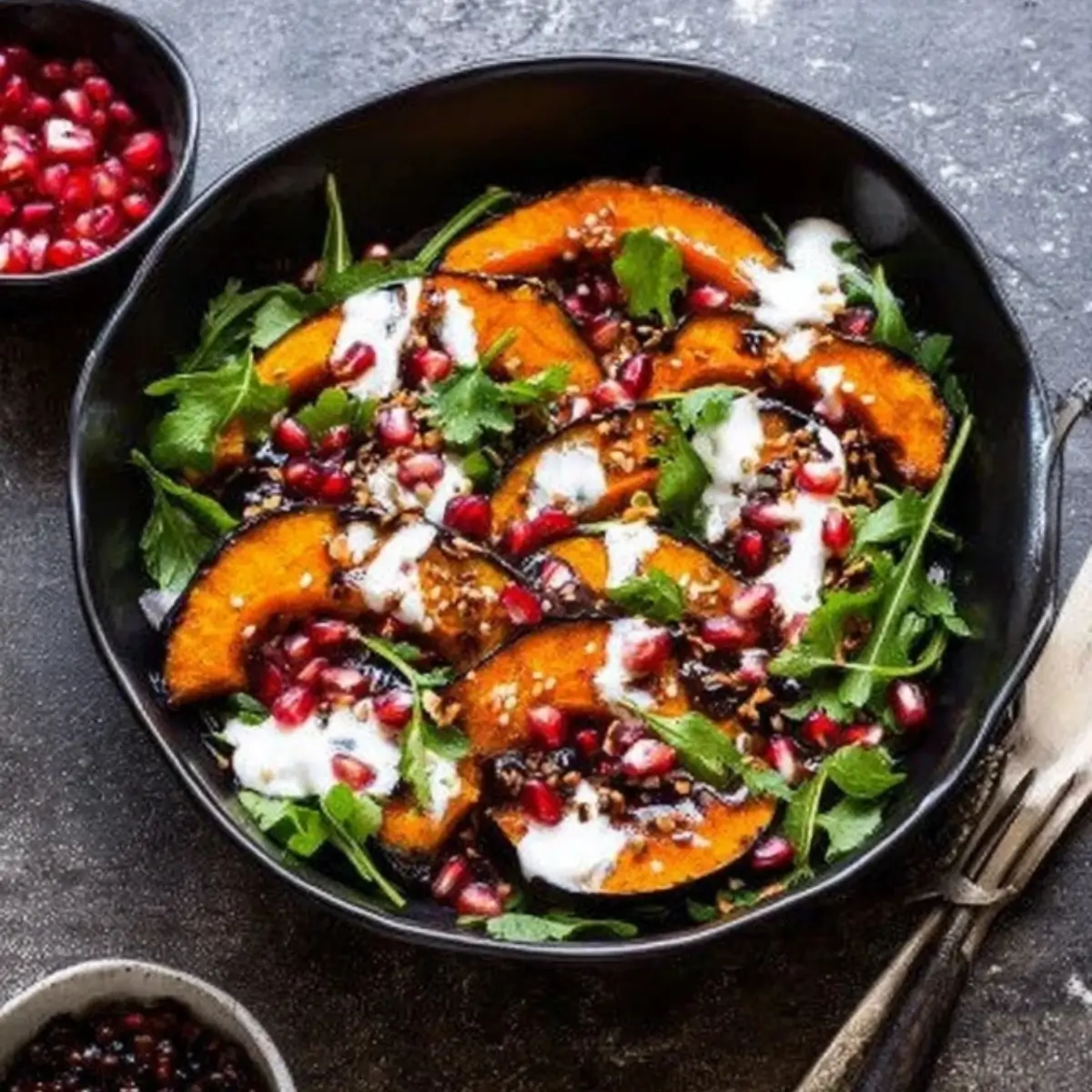 # Kürbissalat mit Granatapfel: Frische Herbstküche zum Verlieben Ein Kürbissalat mit Granatapfel vereint die süß-nussigen Aromen von gebackenem Hokkaido mit der fruchtigen Frische von Granatapfelkernen. Dieses Gericht ist nicht nur optisch ein Highlight, sondern auch voller Vitamine, Ballaststoffe und gesunder Proteine. Perfekt als leichte Hauptspeise, raffinierte Vorspeise oder bunte Beilage – dieser Salat bringt Farbe und Geschmack auf den Tisch. ## Warum dieser Kürbissalat mit Granatapfel überzeugt Dieser herbstliche Salat punktet durch seine Ausgewogenheit: Ofenkürbis sorgt für Sättigung, Radicchio bringt leichte Bitterkeit, Linsen liefern pflanzliches Eiweiß, und Granatapfelkerne verleihen dem Ganzen eine fruchtige Frische. Mit einem cremigen Joghurt-Dressing abgerundet, entsteht ein Gericht, das sowohl gesund als auch köstlich ist. ## Zutaten für den Kürbissalat mit Granatapfel • Hokkaidokürbis: liefert Süße, Nussigkeit und eine zarte Konsistenz • Beluga-Linsen: bringen pflanzliches Eiweiß und eine leicht erdige Note • Radicchio: sorgt für knackige Textur und eine herbe Geschmacksnuance • Granatapfelkerne: setzen fruchtig-säuerliche Akzente und bringen Farbe • Basilikum: verleiht aromatische Frische • Petersilie: unterstreicht das Kräuteraroma und balanciert die Aromen ### Zutaten für das Dressing • Joghurt: bildet eine cremige, leichte Basis • Zitronensaft: sorgt für Frische und leichte Säure • Olivenöl: rundet das Dressing mit feiner Fruchtigkeit ab • Salz: hebt die Aromen hervor • Pfefferkörner: bringen leichte Schärfe ## Alternative Zutaten & Variationen • Kürbis: Statt Hokkaido passt auch Butternut oder Muskatkürbis. • Linsen: Rote Linsen oder Kichererbsen bieten Abwechslung. • Radicchio: Kann durch Feldsalat oder Rucola ersetzt werden, wenn ein milderer Geschmack bevorzugt wird. • Joghurt: Für eine vegane Variante Kokos- oder Sojajoghurt verwenden. • Granatapfel: Wer es süßer mag, kann zusätzlich Birne oder Apfelwürfel einarbeiten. ## Schritt-für-Schritt-Anleitung 1. Den Backofen auf 200 °C Ober-/Unterhitze vorheizen. Den Hokkaidokürbis gründlich waschen, entkernen und in schmale Streifen schneiden. Auf ein mit Backpapier belegtes Blech legen und ca. 25 Minuten backen, bis er weich und leicht karamellisiert ist. 2. Währenddessen die Beluga-Linsen nach Packungsanleitung für etwa 25 Minuten kochen, bis sie bissfest sind. Gelegentlich umrühren, damit sie nicht anbrennen. 3. Den Radicchio putzen und in mundgerechte Stücke schneiden. Die Granatapfelkerne vorsichtig auslösen – am besten über einer Schüssel mit Wasser, damit Saftspritzer vermieden werden. 4. Basilikum und Petersilie waschen, die Blätter abzupfen und beiseitelegen. 5. Für das Dressing Joghurt cremig rühren, Zitronensaft und Olivenöl unterrühren, dann mit Salz und frisch gemahlenem Pfeffer abschmecken. 6. Kürbis und Linsen auf zwei Teller verteilen, Radicchio und Granatapfelkerne darüber geben. Mit den Kräutern bestreuen und das Dressing gleichmäßig darüber träufeln. Sofort servieren. ## Tipps & Tricks für den perfekten Kürbissalat mit Granatapfel * Kürbis nicht zu dünn schneiden, damit er im Ofen nicht austrocknet. * Granatapfelkerne am besten unter Wasser lösen, um Spritzer zu vermeiden. * Für mehr Crunch geröstete Kürbiskerne oder Walnüsse darüber streuen. * Reste lassen sich luftdicht verschlossen im Kühlschrank bis zu 2 Tage aufbewahren. Das Dressing dabei separat lagern. ## Ideen für Variationen und Beilagen Ein Kürbissalat mit Granatapfel passt hervorragend zu gegrilltem Hähnchen, gebackenem Feta oder einem frischen Baguette. Wer es würziger mag, kann Chiliöl oder Kreuzkümmel ins Dressing geben. Für eine festliche Note lassen sich noch Ziegenkäse, Granatapfelsirup oder karamellisierte Nüsse hinzufügen. ## Herbstliche Gesundheitsvorteile von Kürbis und Granatapfel Kürbissalat mit Granatapfel