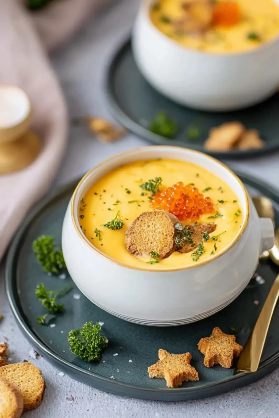 Festliche Süßkartoffelsuppe mit Sternencroutons und Forellen-Caviar