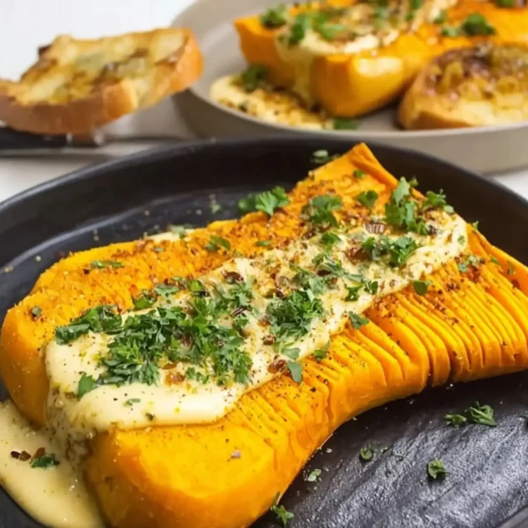 Gebackener Butternut-Kürbis auf Curry-Feta-Honig-Creme und Knoblauchbrot