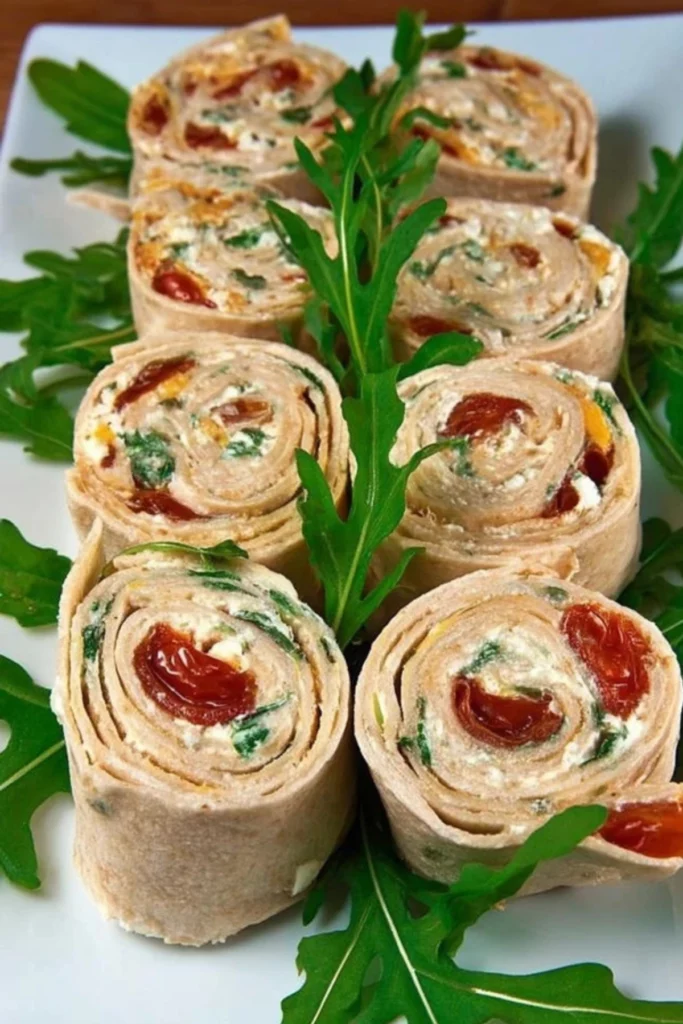 Vegetarische Wrap-Röllchen mit Rucola und Tomaten