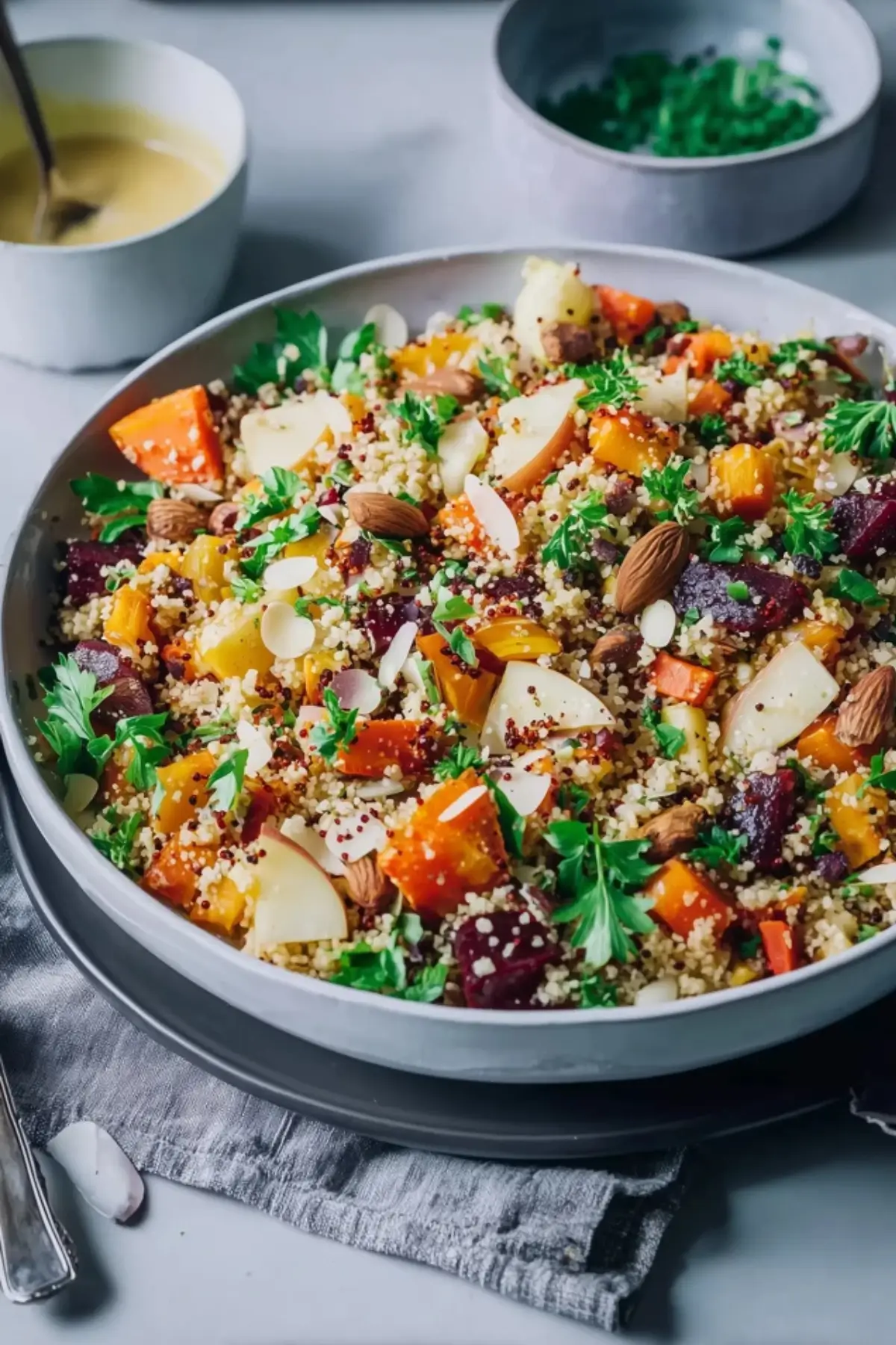 Wintersalat mit Couscous, Quinoa, Ofengemüse und Kurkuma Dressing