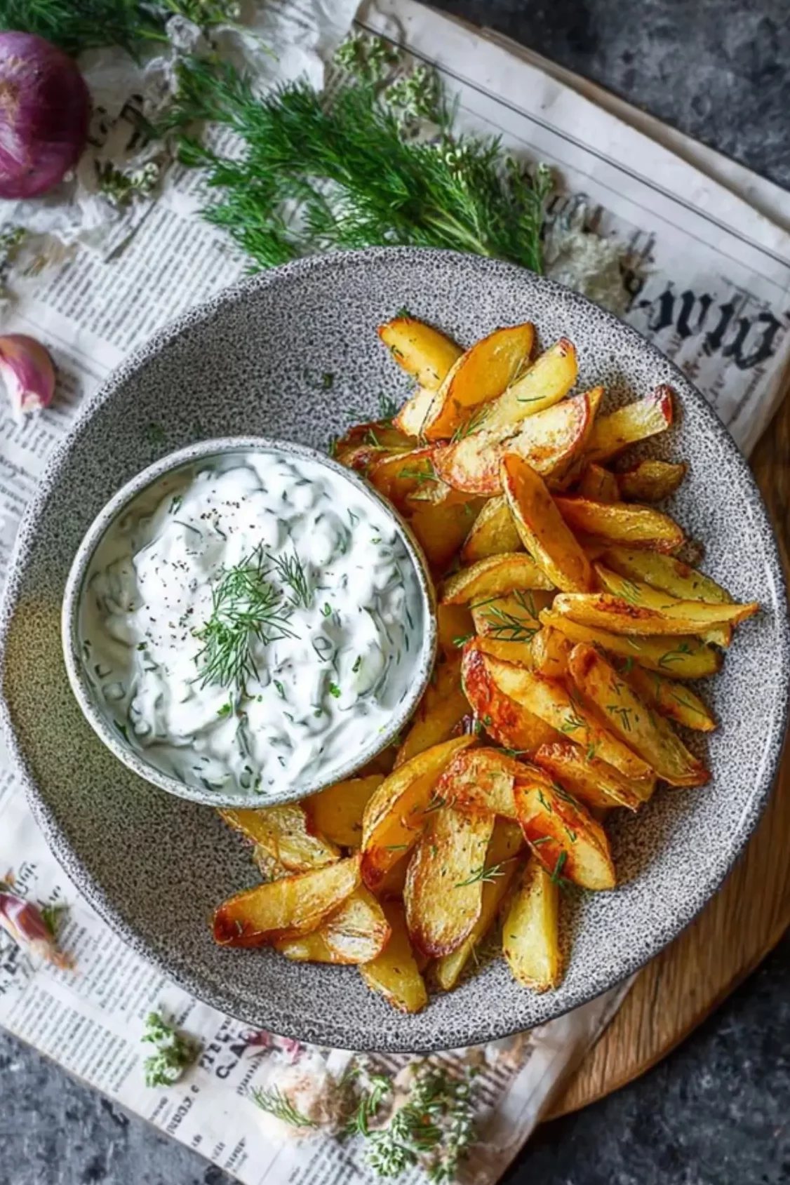 Kartoffelspalten mit Gurkendip