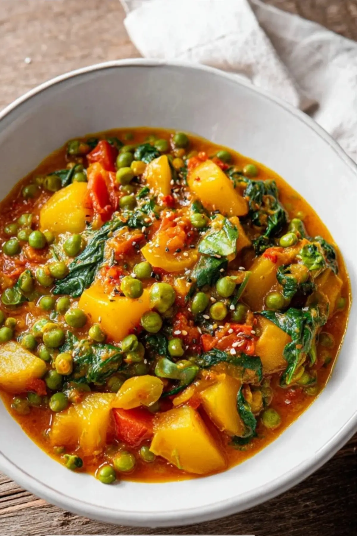 Veganes Kartoffelcurry mit Spinat und Erbsen