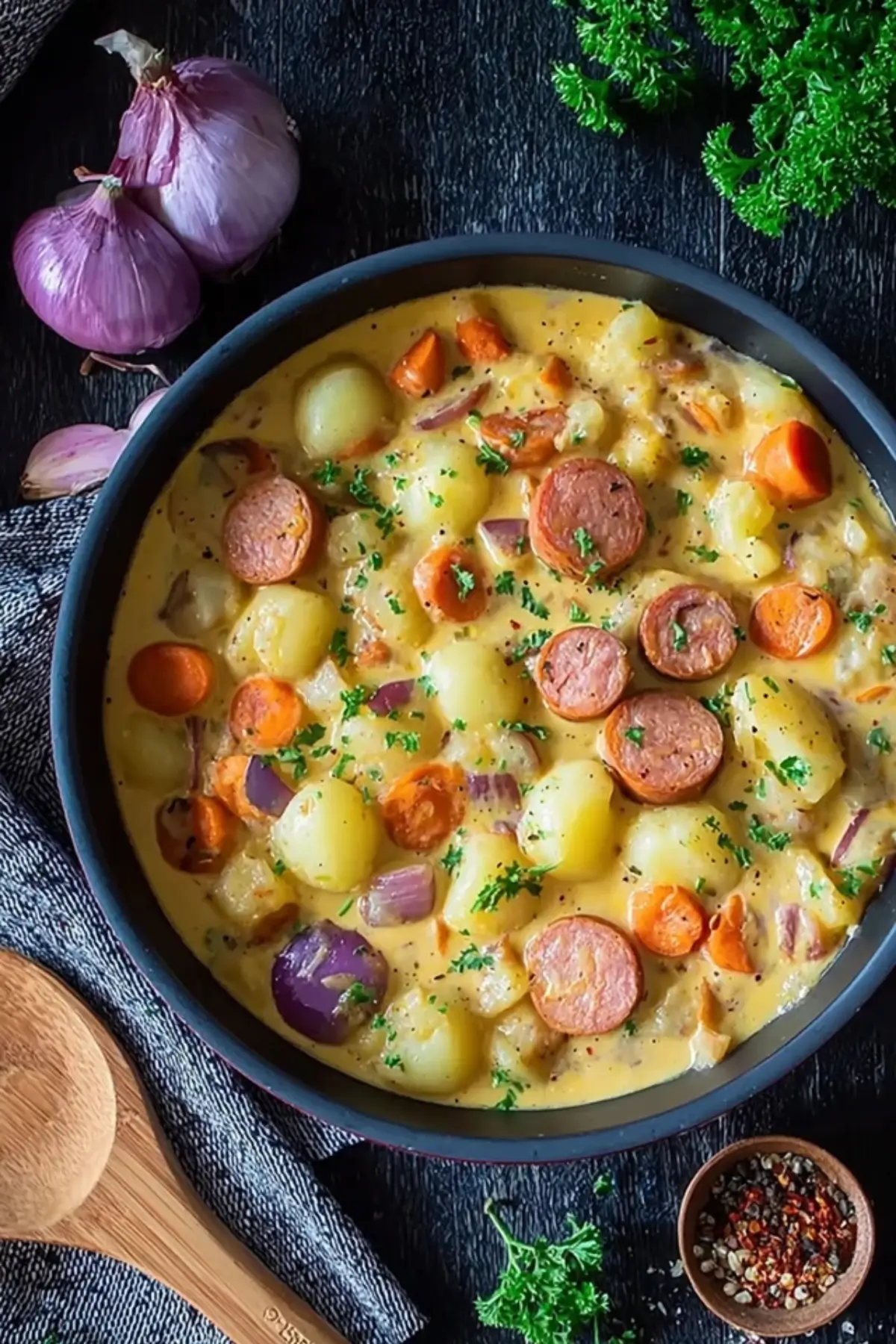 Eintopf mit Kartoffeln und Würstchen