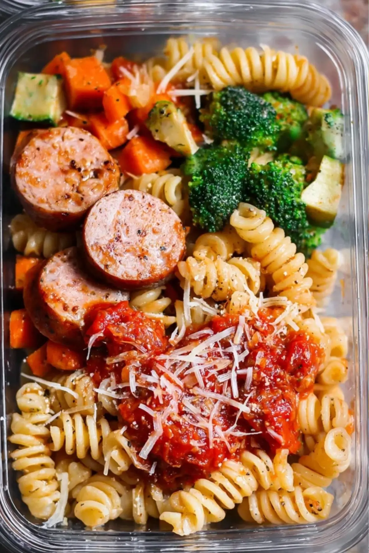Meal Prep Pasta mit Hähnchenwurst