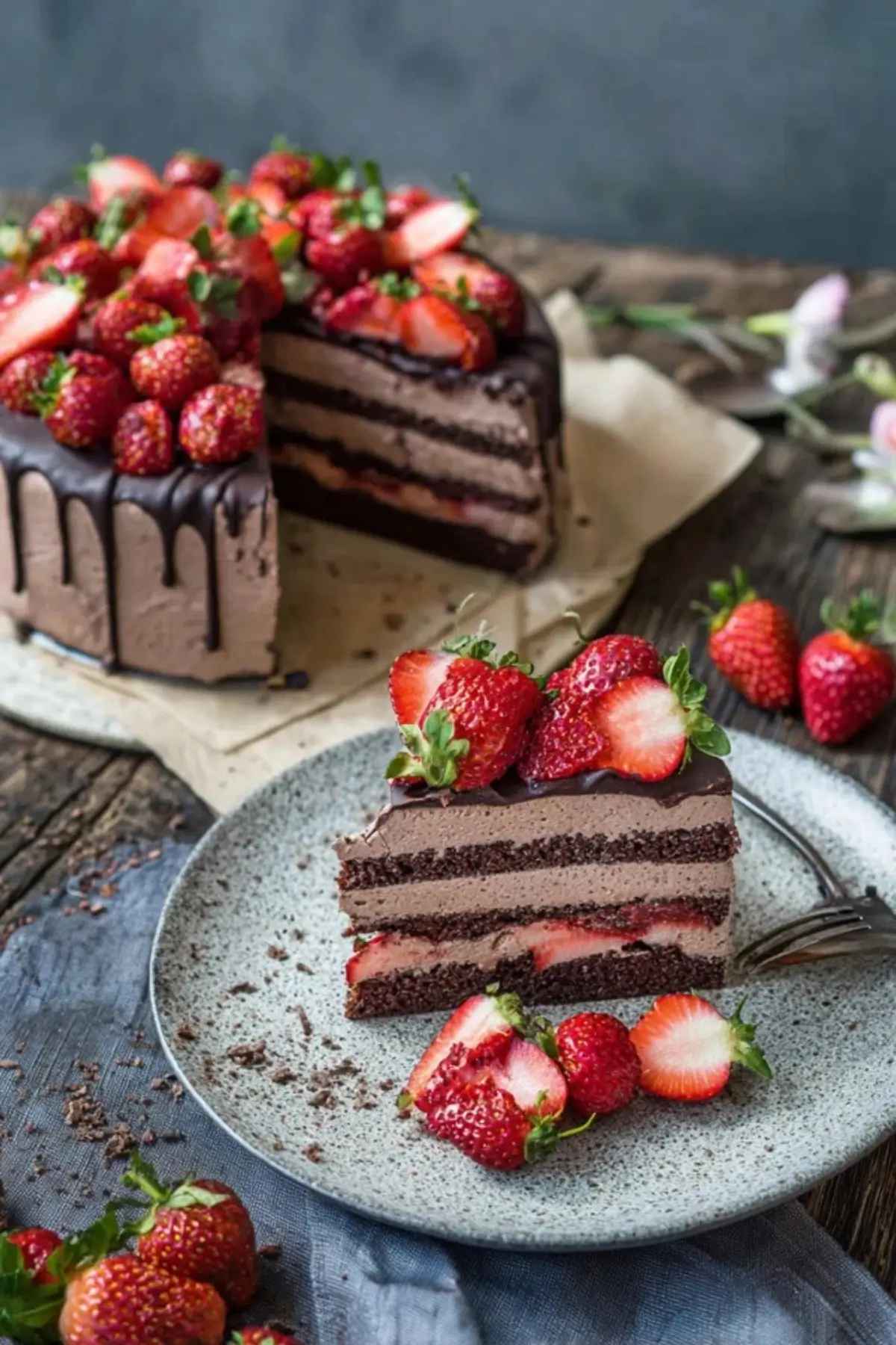 Schokomousse Torte mit Erdbeeren