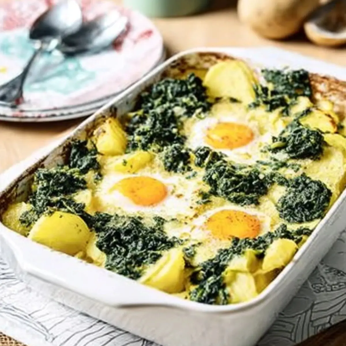 Spiegeleier Gratin mit Kartoffeln und Spinat