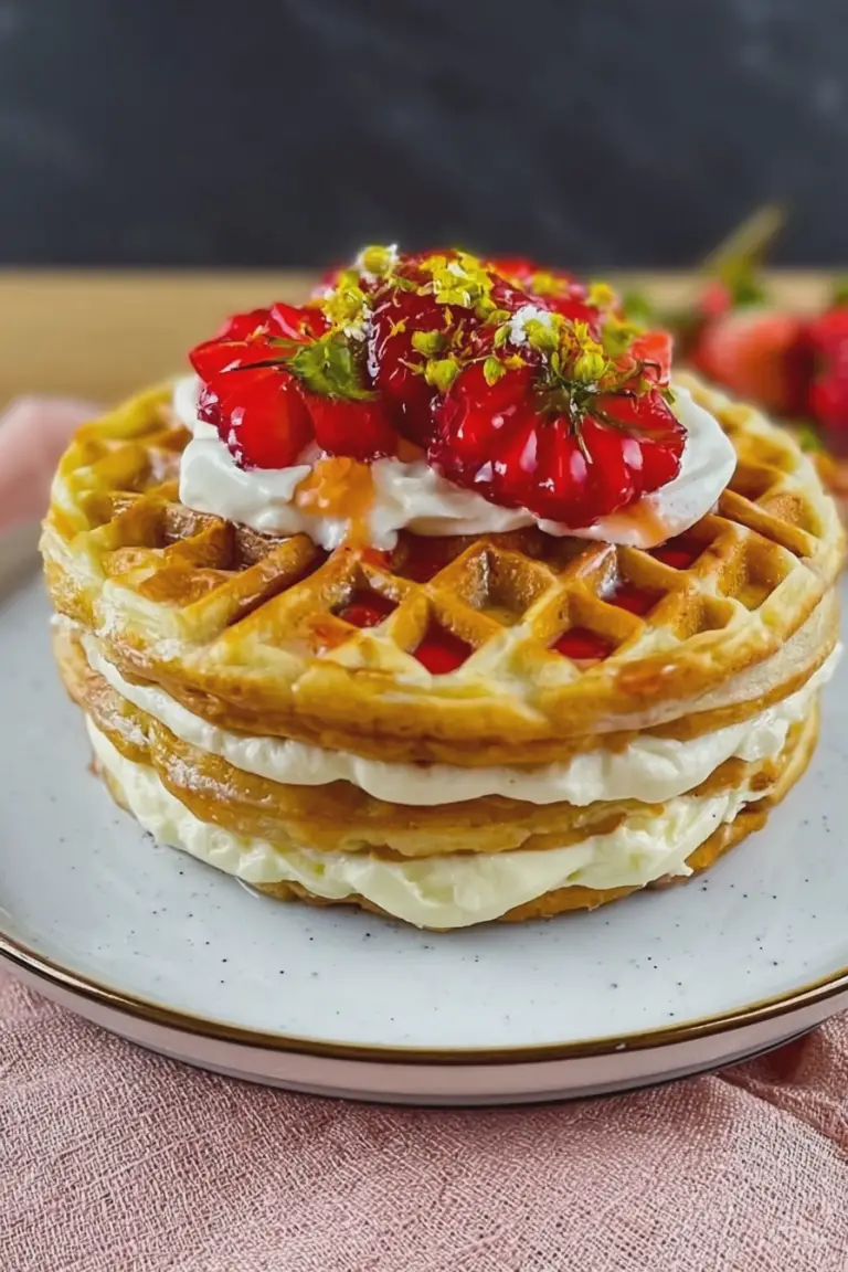 Leckere Cheesecake Waffeln, serviert mit frischen Beeren und einer Sahnehaube.