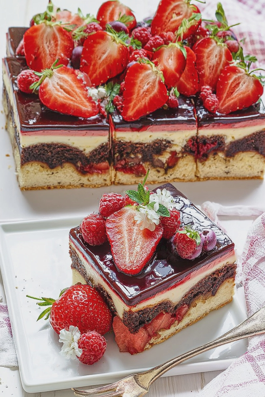 Leckere Donauwelle mit Erdbeeren auf einem Holzbrett, umgeben von frischen Erdbeeren.