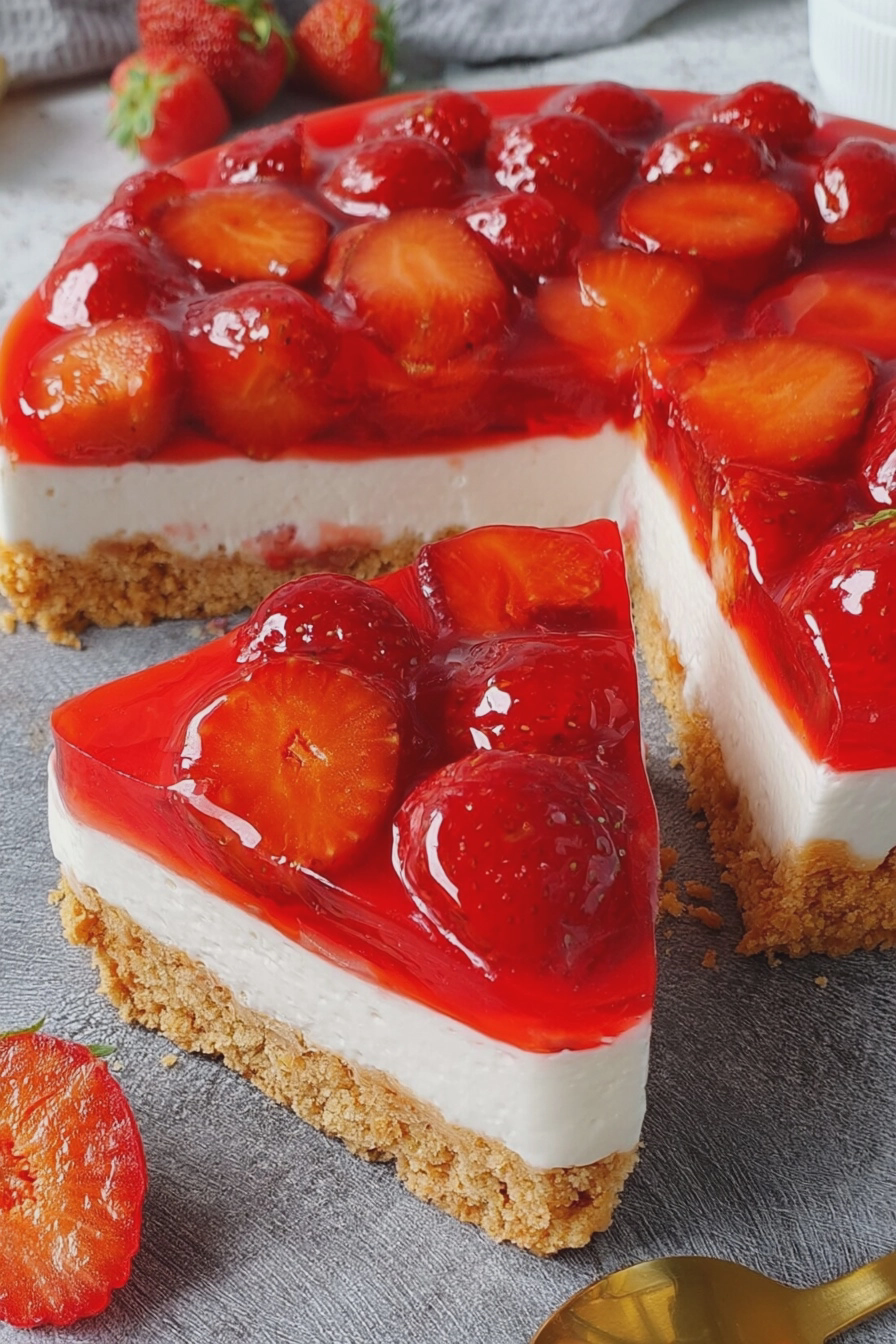 Erdbeerkuchen ohne Backen mit frischen Erdbeeren auf einem Tortenständer