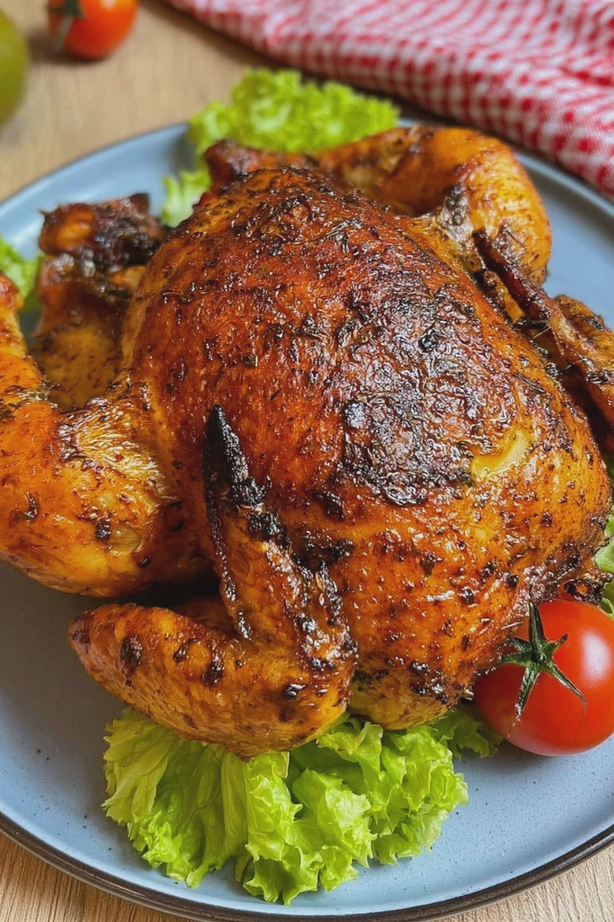 Ganzes Hähnchen aus der Heißluftfritteuse auf einem Holzbrett mit frischen Kräutern und Gemüsebeilage.