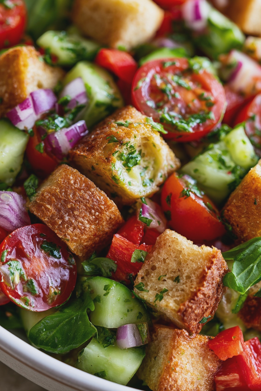 Frischer italienischer Brotsalat Panzanella mit Tomaten, Gurken und Basilikum auf einem Teller.