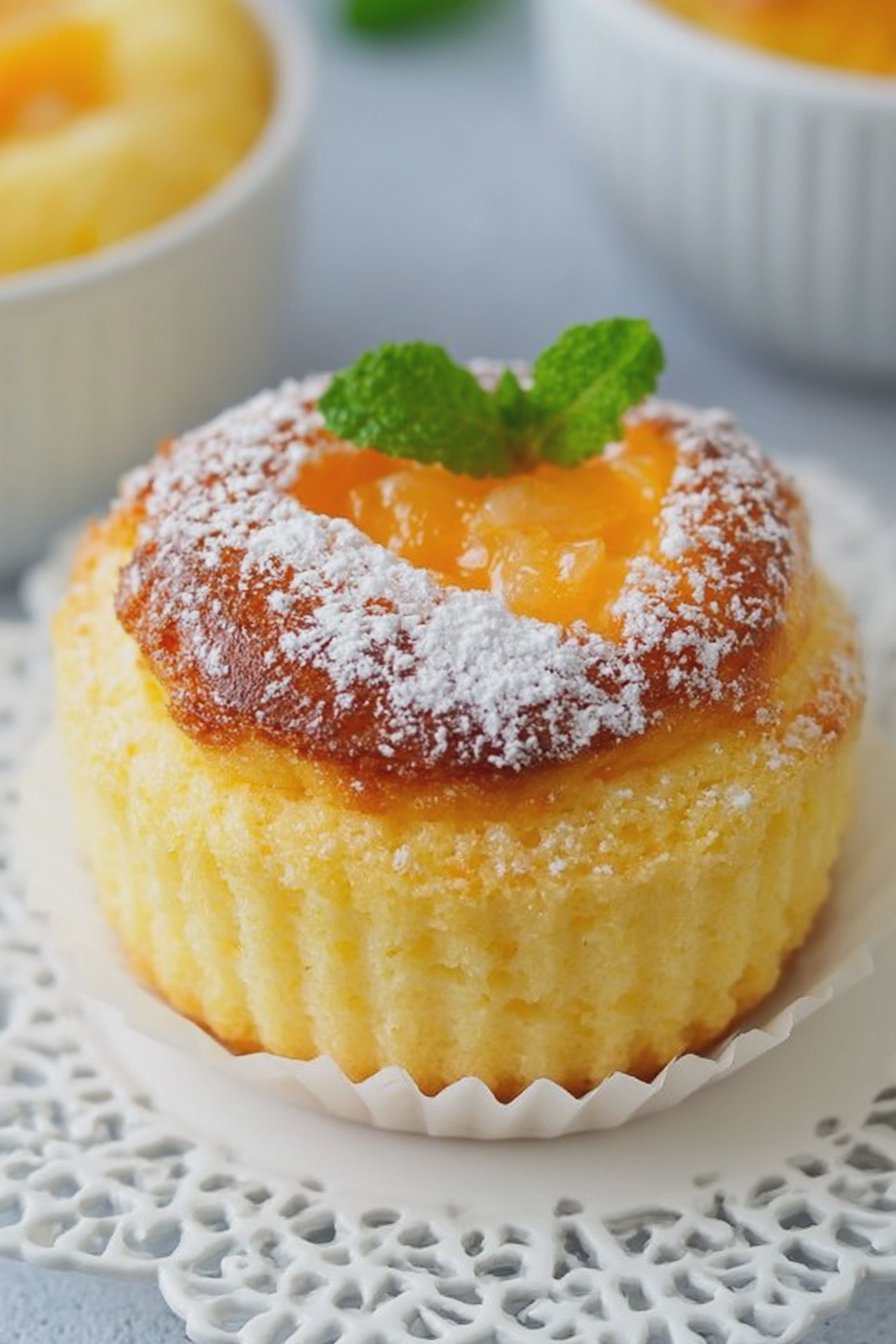 Käsekuchen-Muffins mit Mandarinen, frisch aus der Heißluftfritteuse, auf einem Küchentisch.