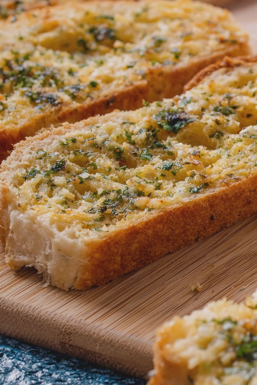 Knoblauchbrot aus dem Ofen, garniert mit Kräutern und einer Zitronenscheibe.