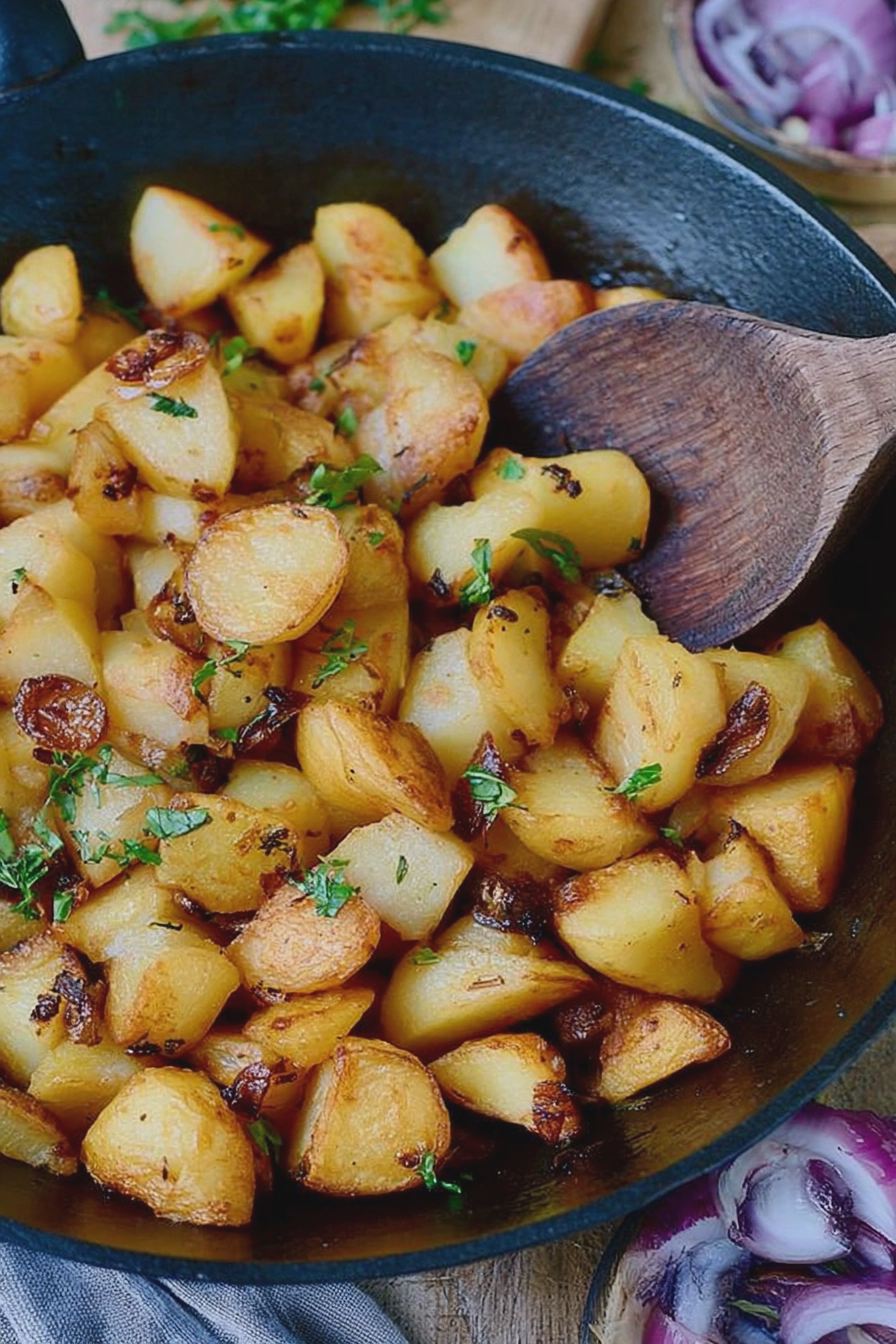 Knusprige Bratkartoffeln aus rohen Kartoffeln in einer Pfanne, dekoriert mit frischem Rosmarin.