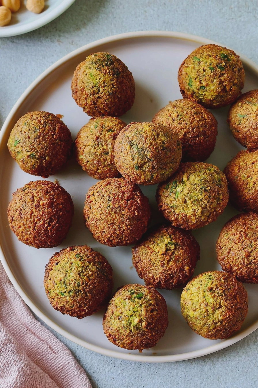Knusprige Falafelbällchen serviert auf einem weißen Teller mit frischem Gemüse und Tahini-Dip.