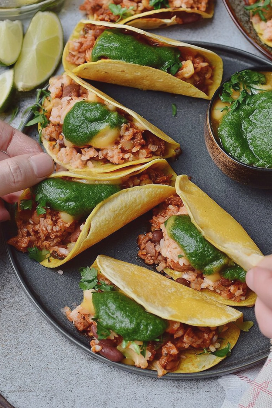 Knusprige mexikanische Tacos mit Reis, Bohnen und veganem Käse auf einem dekorativen Teller.
