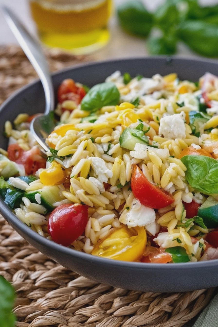 Frischer Kritharaki Salat mit Schafskäse, Paprika, Gurke und Kirschtomaten in einer Schüssel.