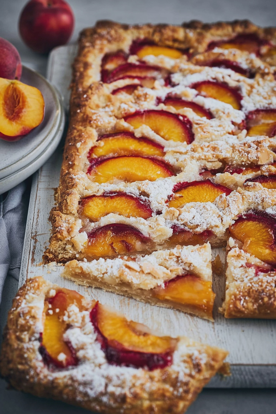 Nektarinen Galette Frangipane Tarte auf Holzbrett mit frischen Nektarinen