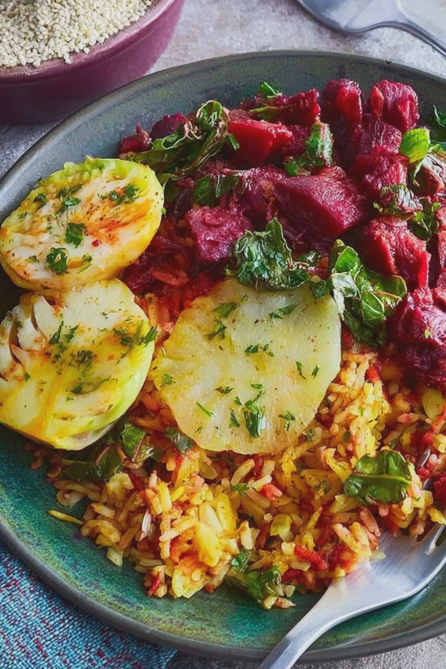 Ofenkohlrabi mit Rote-Bete-Gewürzreis, garniert mit Pistazien und Zitrone auf einem Teller.