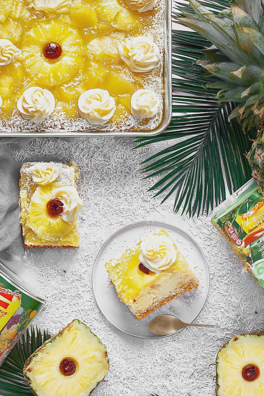 Ein Stück Pina Colada Blechkuchen mit Ananas und Kirsche auf einem Teller, garniert mit gerösteten Kokosraspeln.