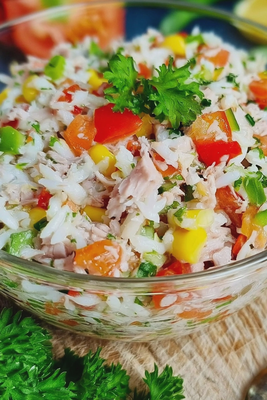 Reissalat mit Thunfisch, buntem Gemüse und frischen Kräutern auf einem Teller.