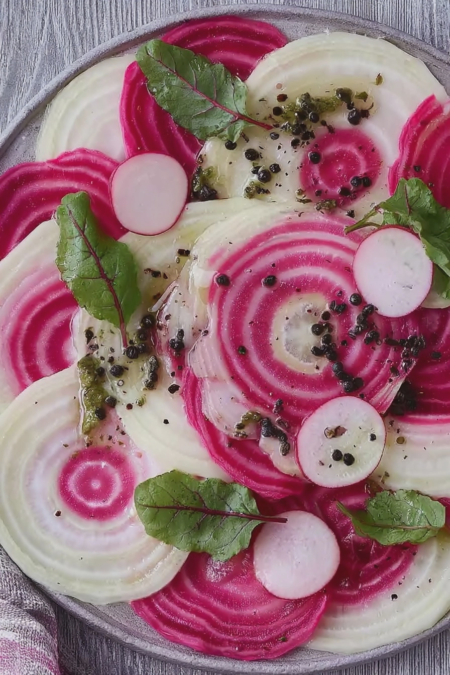 Leckeres Ringelbete-Carpaccio auf einem Teller, garniert mit Kürbiskernen und Sauerkirschen