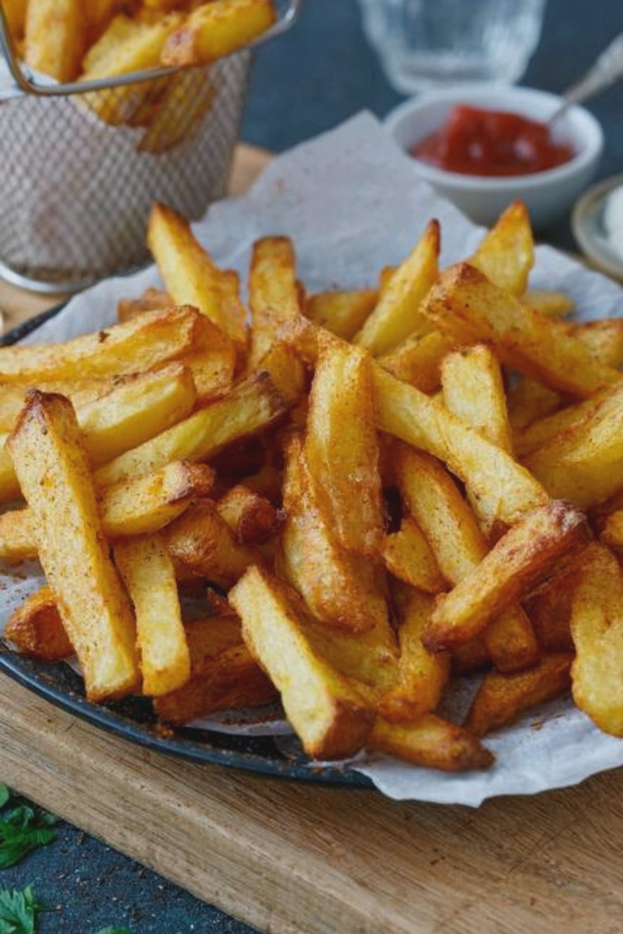 Selbstgemachte Pommes aus der Heißluftfritteuse, köstlich und knusprig, serviert mit Gewürzen.