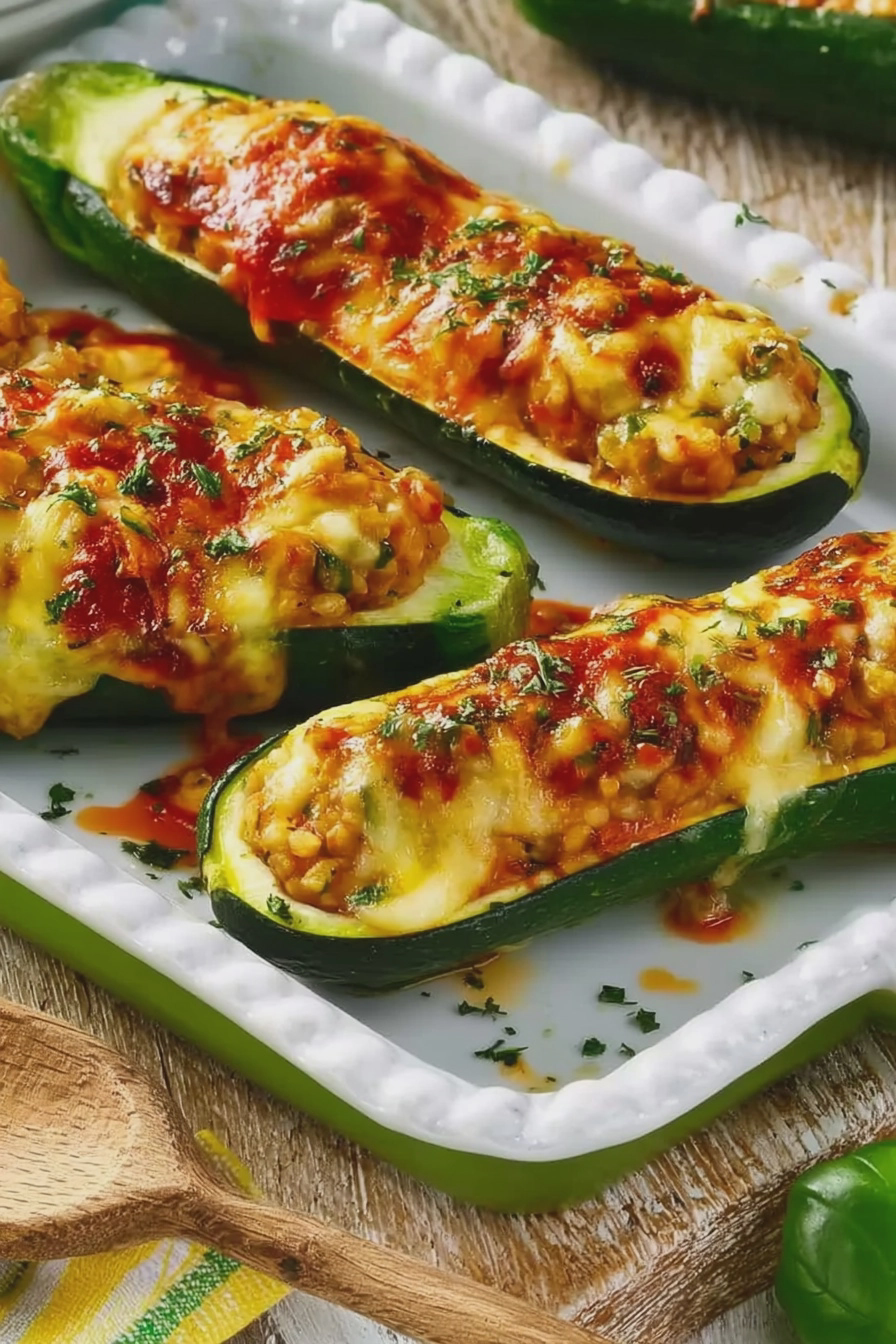 Überbackene Zucchini mit Grünkernfüllung auf einem Holzbrett, dekoriert mit frischen Kräutern.