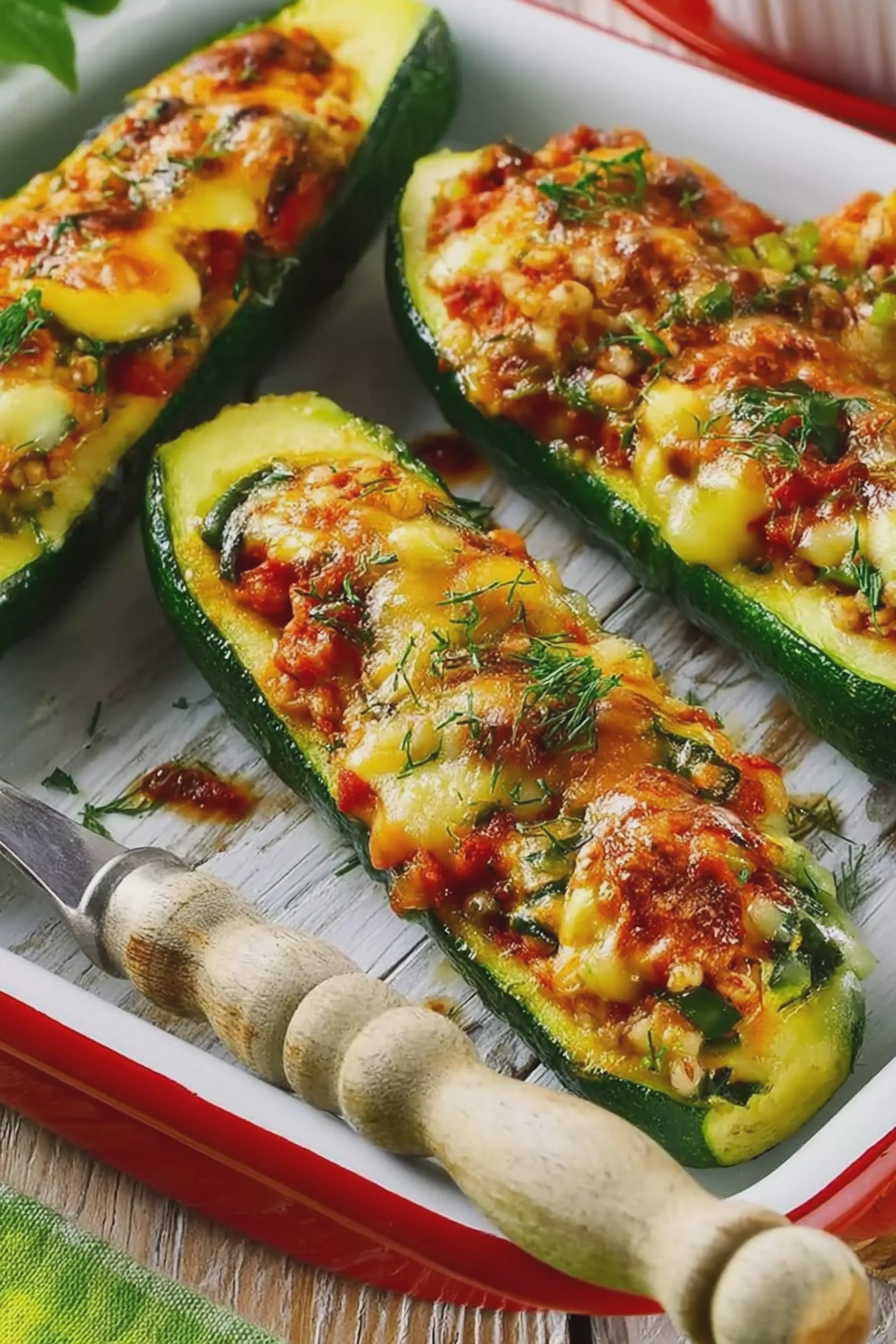 Überbackene Zucchini mit Grünkernfüllung und geschmolzenem Gruyère-Käse auf einem Holzbrett.