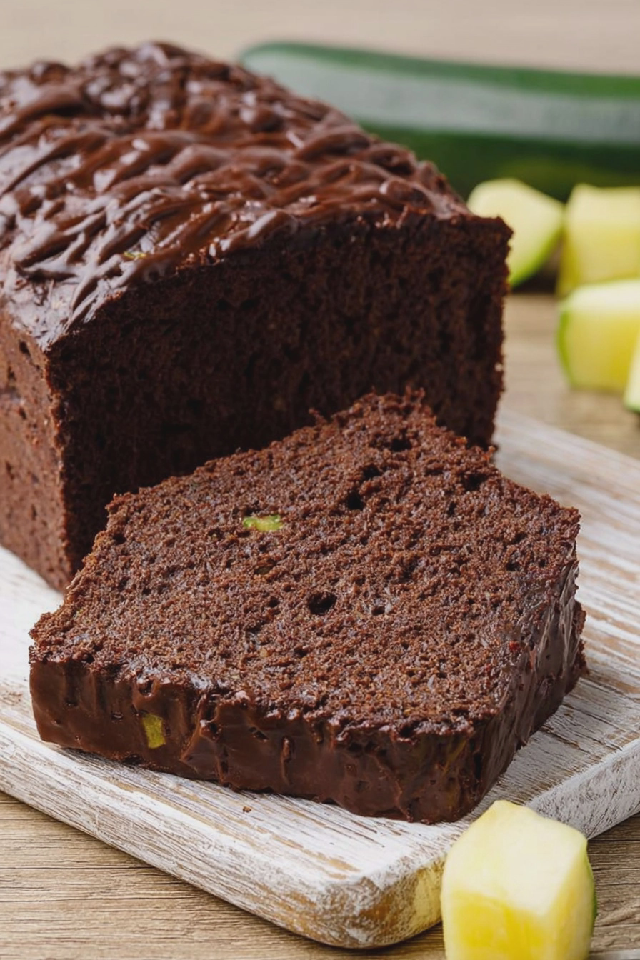 Frisch gebackener saftiger Zucchini-Schokokuchen mit Schokoladenglasur und Zucchini als Zutat